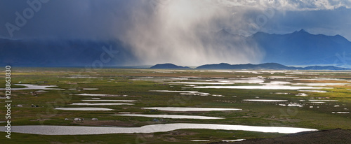 Panorama of Tibetan plateau at sunset with an approaching storm