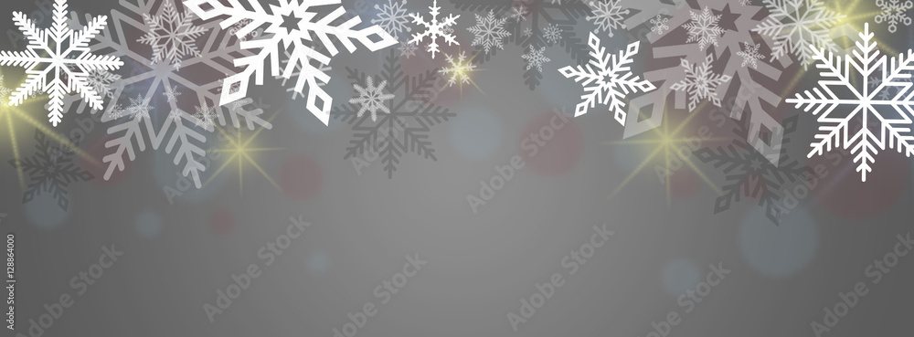 snowflake banner on grey gradient background  - obrazy, fototapety, plakaty 