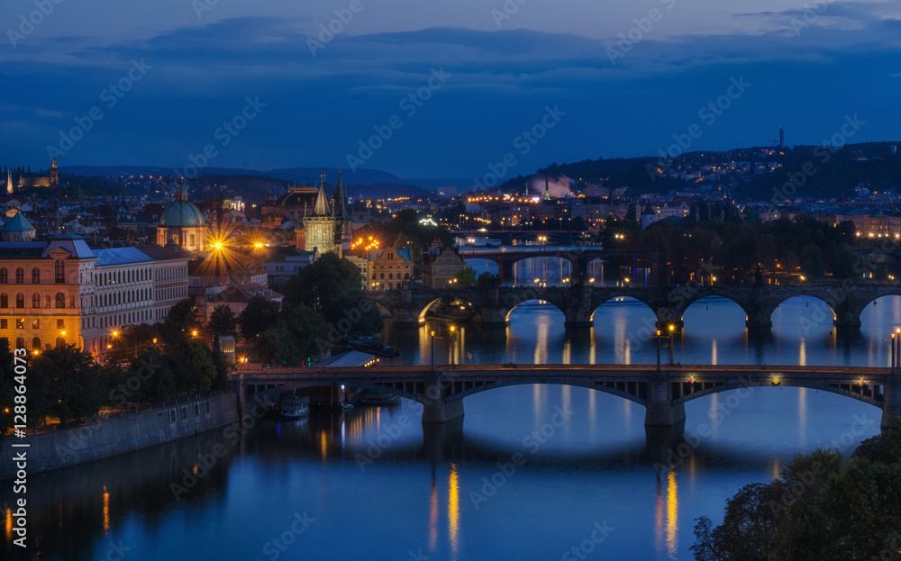 Evening view on Charles bridge over Vltava river in Prague,capit