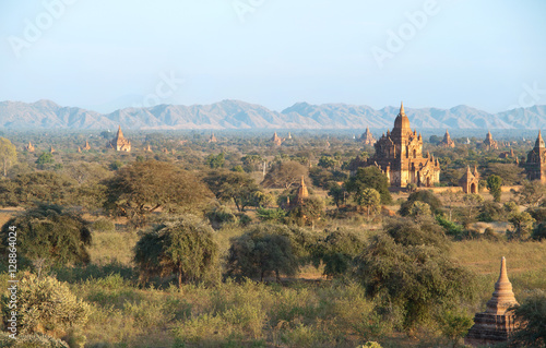 Ancient pagodas in Bagan, blue sky in background