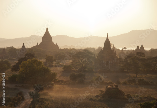 Ancient pagodas in Bagan  sky in background  shot at sunset