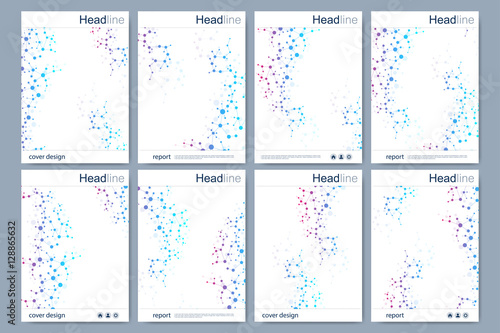 Scientific brochure design template. Vector flyer layout, Molecular structure with connected lines and dots. Scientific pattern atom DNA with elements for magazine, leaflet, cover, poster design.