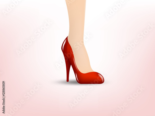 beautiful illustration design of woman leg in red high heel shoe on light pink background, woman high heel shoe beautiful fashion design concept, woman lifestyle