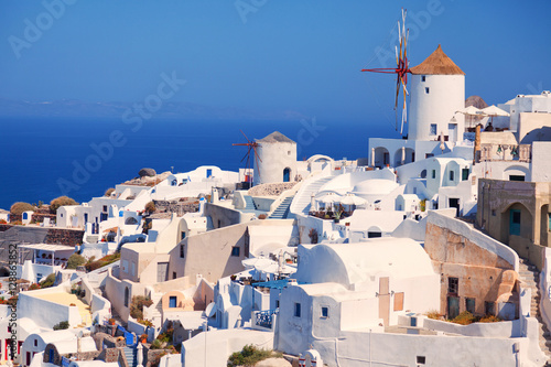 Day panorama of Oia, Santorini with the famous windmill. Horizon