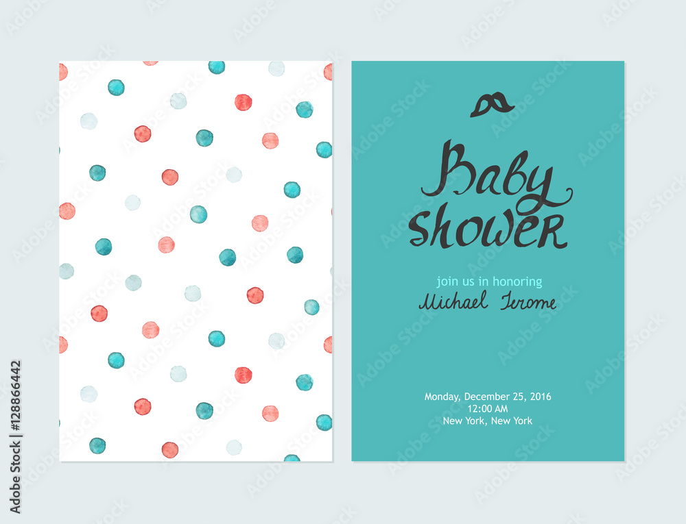Baby shower boy invitations, vector templates. Pastel cards with watercolor dots and hand drawn text on turquoise background.