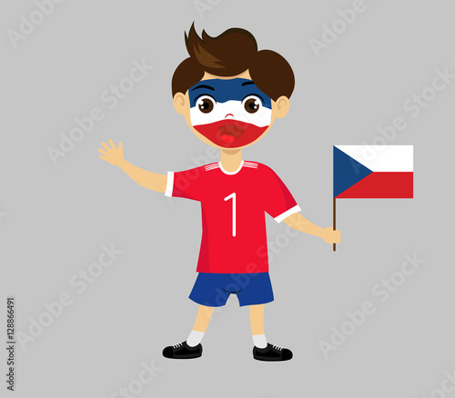 Fan of Czech Republic national football team, sports. Boy with flag in the colors of the national command with sports paraphernalia. Kid with national flag. photo