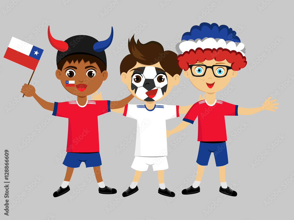 Fan of Chile national football team, sports. Boy with flag in the colors of the national command with sports paraphernalia. Kid with national flag. Fan of Chile national football team, sports. Boy with flag in the colors of the national command with sports paraphernalia. Kid with national flag.