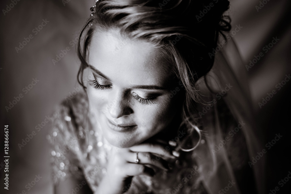 beautiful portrait of gentle and happy bride in white dress beautiful portrait of gentle and happy bride in white dress