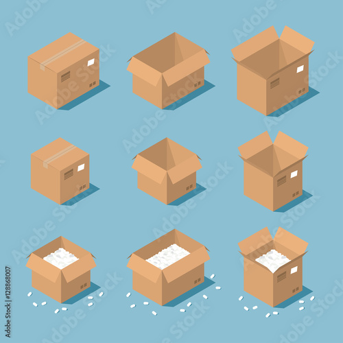 Vector isometric cardboard box set. Collection of isometric cardboard boxes of different types - open box, closed box, boxes with a postal filler.