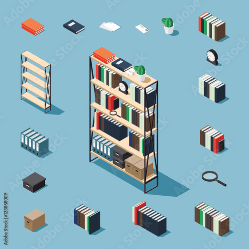 Bookcase vector isometric concept illustration. Decorated bookcase plus collection of isometric objects: stack of books, standing book, bookcase, clocks, magnifier, folder, plant, letter, papers, box.