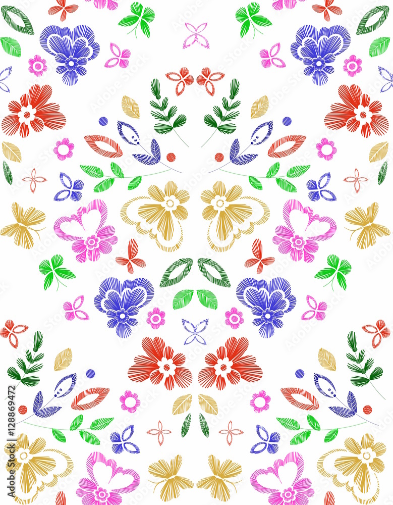 Floral seamless background pattern with fantasy flowers. Vector colorful illustration hand drawn. Embroidery design - flowers, leaves, butterflies . Craft paper, fabric swatch.