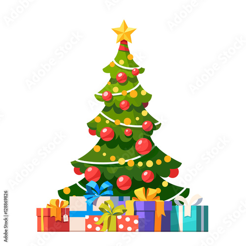 Decorated christmas tree with lots of gift boxes