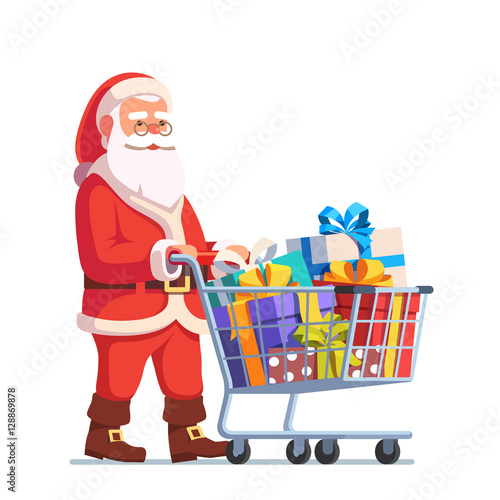 Santa Claus pushing shopping cart full of gifts