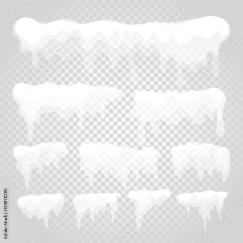 Vector icicle and snow elements on transparent background. Diffe