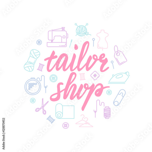 Tailor shop lettering with icons. Calligraphy font