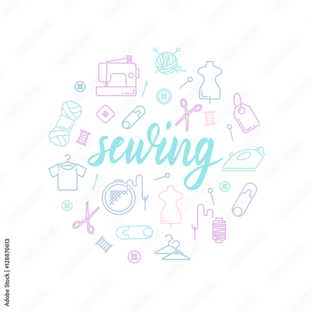 Sewing lettering with icons. Calligraphy font Sewing lettering with icons. Calligraphy font