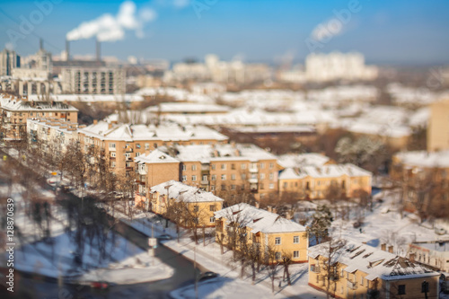 Old Quarter in the snow. Aerial view. Tilt-shift cityscape