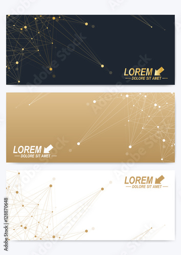 Modern set of vector banners. Geometric abstract presentation. Molecule and communication background for medicine, science, technology, chemistry. Golden cybernetic dots. Lines plexus. Card surface.