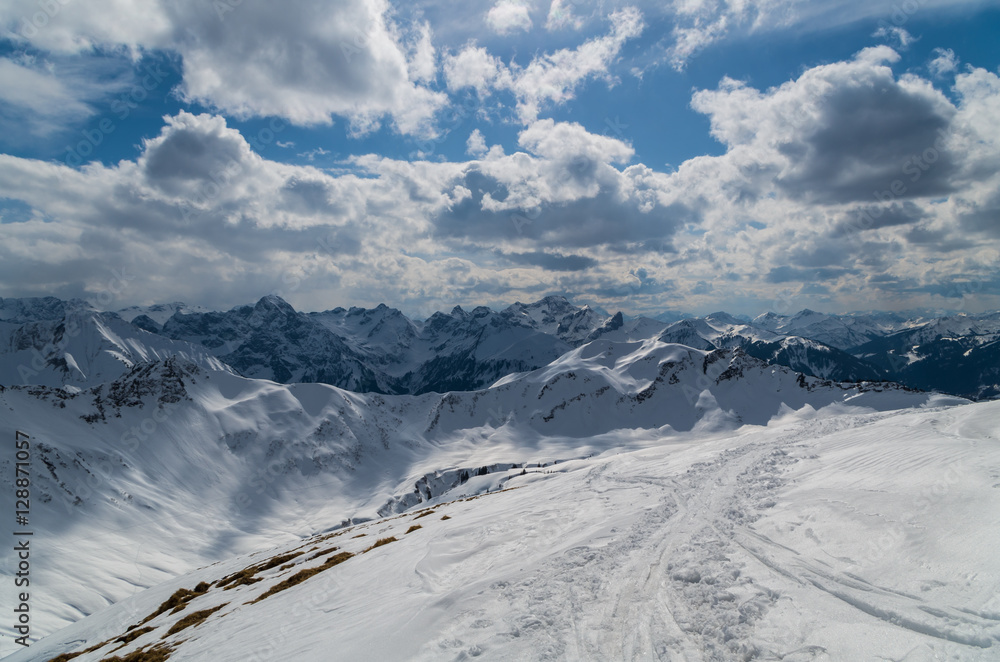 Ski touring track in beautiful sunny winter landscape, Kleinwalsertal, Austria