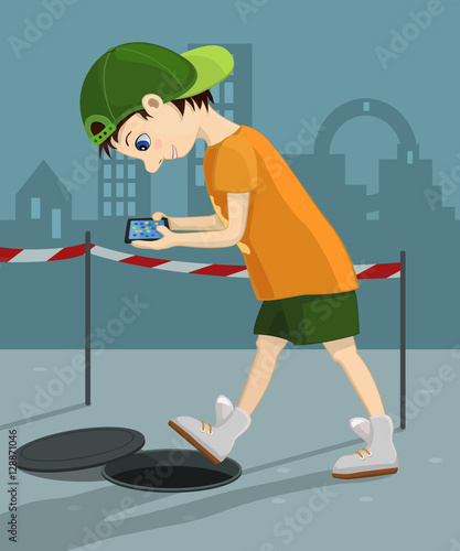Computer addicted child walks down the street and attentively looks at his tablet. Danger game and internet addiction. Vector illustration of comic cartoon walking boy with a gadget and opened hatch.