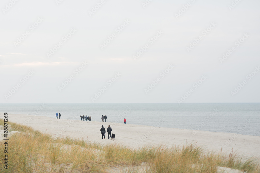 People walk on the beach in autumn