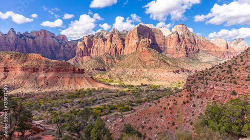 The rays of the sun illuminate the canyon. The breathtaking views of the valley. Zion National Park, Utah, USA