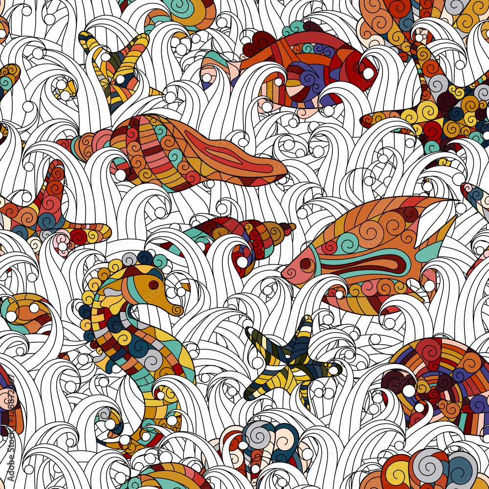 Cartoon hand-drawn doodles on the subject of under water life theme seamless pattern. Colorful detailed, with lots of objects vector background