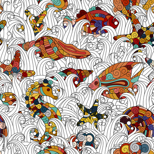Cartoon hand-drawn doodles on the subject of under water life theme seamless pattern. Colorful detailed  with lots of objects vector background