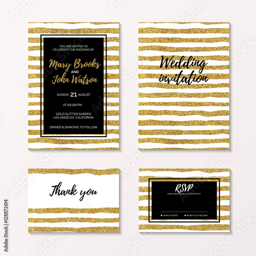 Wedding set of invitation, rsvp and thank you card with gold glitter stripe, bridal template with golden lines, hand drawn vector design