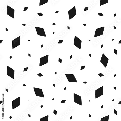 Geometric grunge seamless pattern of black rhomb confetti on white background, hand painted seamless background of black rhombus, vector design textile, wallpaper, web design, wrapping, fabric, paper
