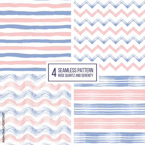 Set of grunge seamless pattern of stripes, waves, zigzag chevron in color 2016 rose quartz and serenity, texture lilac and pink lines, wavy and zig zag stripes, hand drawn vector pattern