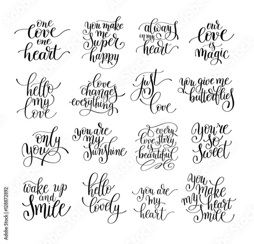 set of handwritten lettering positive quote about love to valent