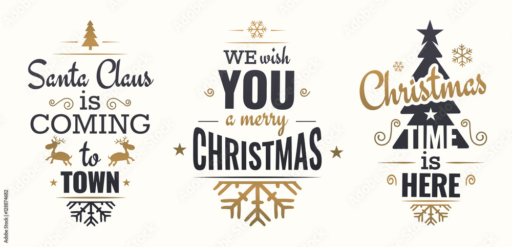 Naklejka premium Merry christmas set of gold lettering, with caligraphic letters, text and decoration, collection of christmas vector illustration for postcard, banner and wish card