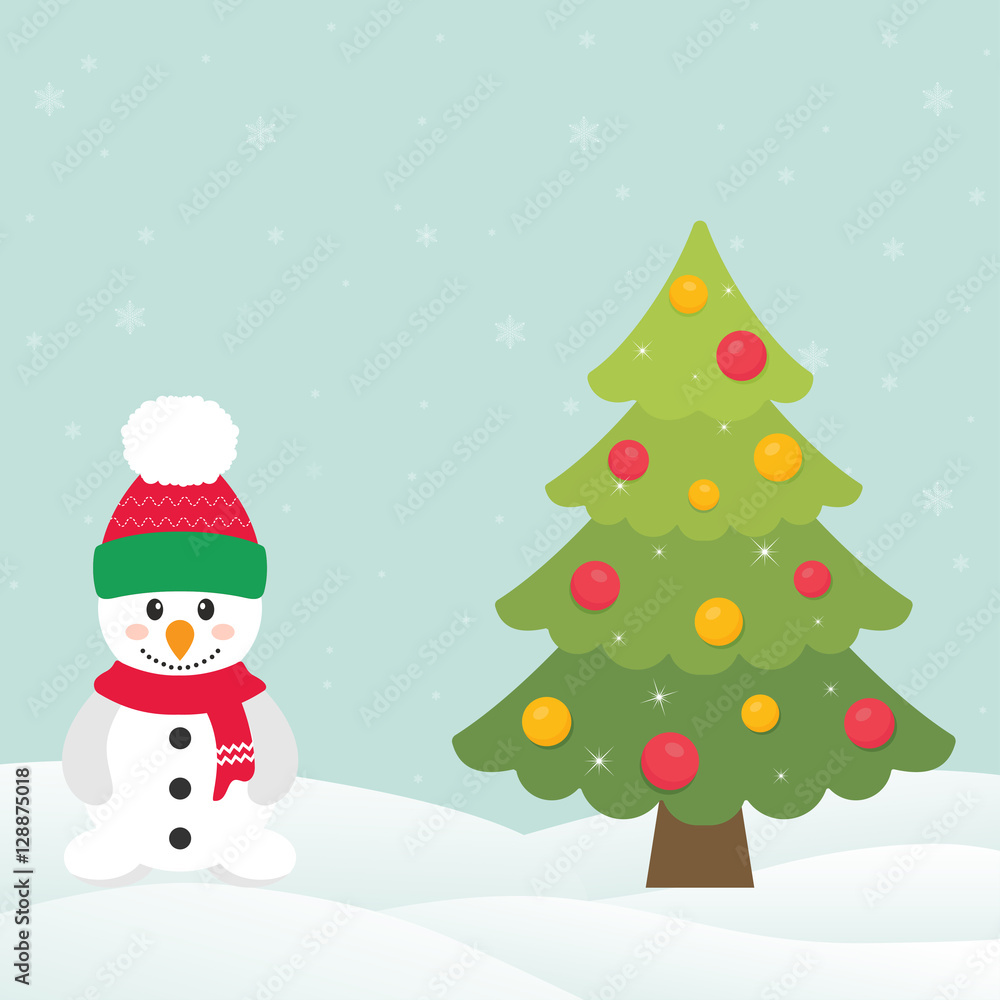 cute snowman with hat and christmas fir tree cute snowman with hat and christmas fir tree