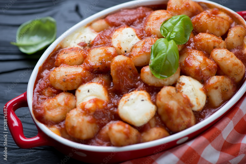 Closeup of potato gnocchi alla Sorrentina in a baking dish Closeup of potato gnocchi alla Sorrentina in a baking dish