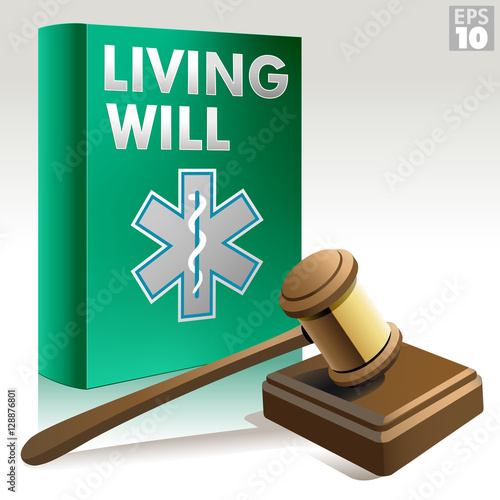 Living will packet with gavel, sound block and advance health care directive icon