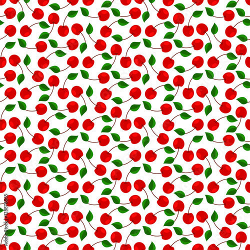 Cute seamless pattern made of flat ripe cherries.