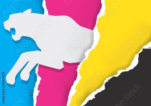Print colors Ripped paper with tiger silhouette.
Colorful Ripped paper with print colors and tiger. Concept for presenting color printing. Vector available.
