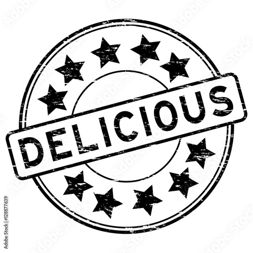 Grunge black delicious with star icon round rubber stamp
