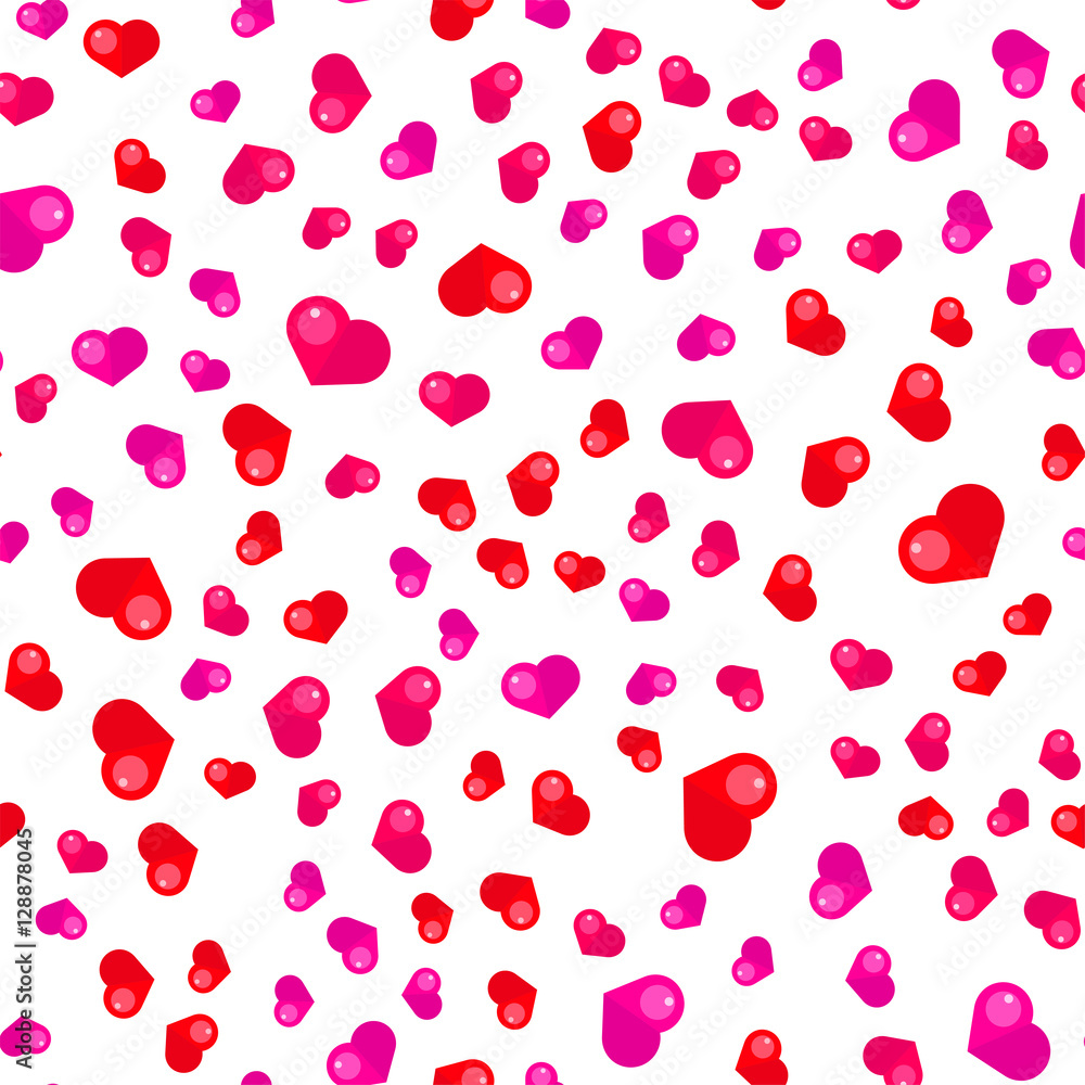 Cute seamless pattern made of chaotic light pink and red  hearts.