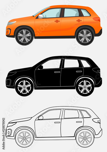 Off-road luxury vehicle in three different styles  orange  black silhouette  contour.