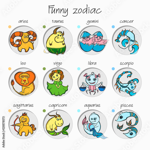 Set of twelve funny zodiac signs.