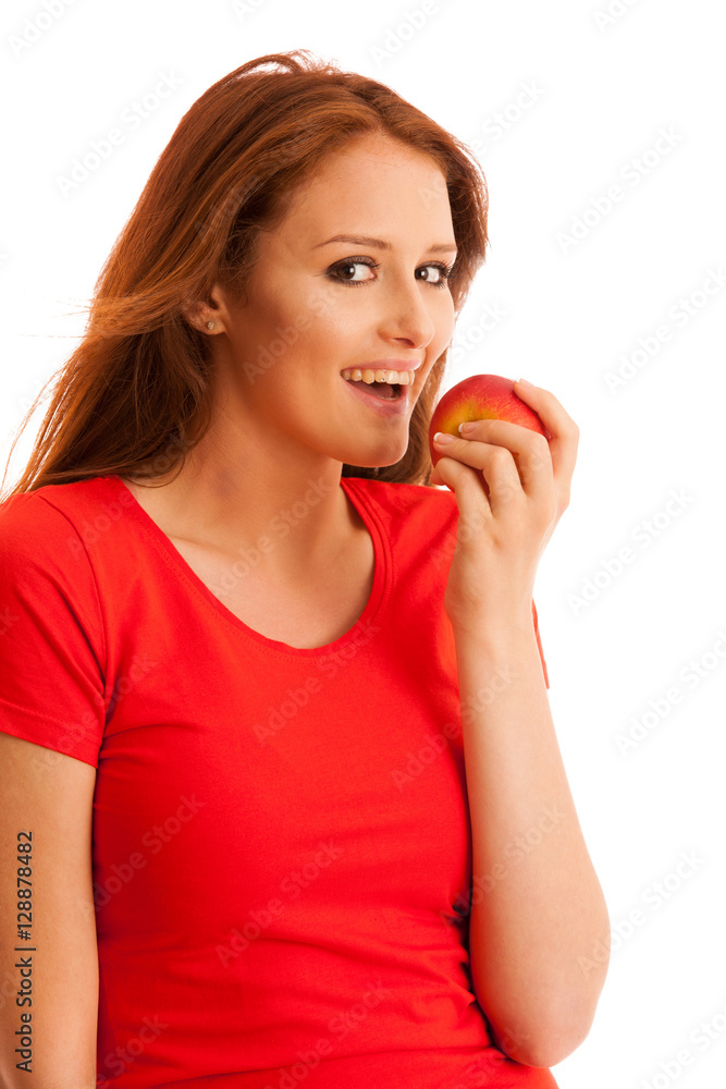 woman eating red apple isolated over white backgoround woman eating red apple isolated over white backgoround