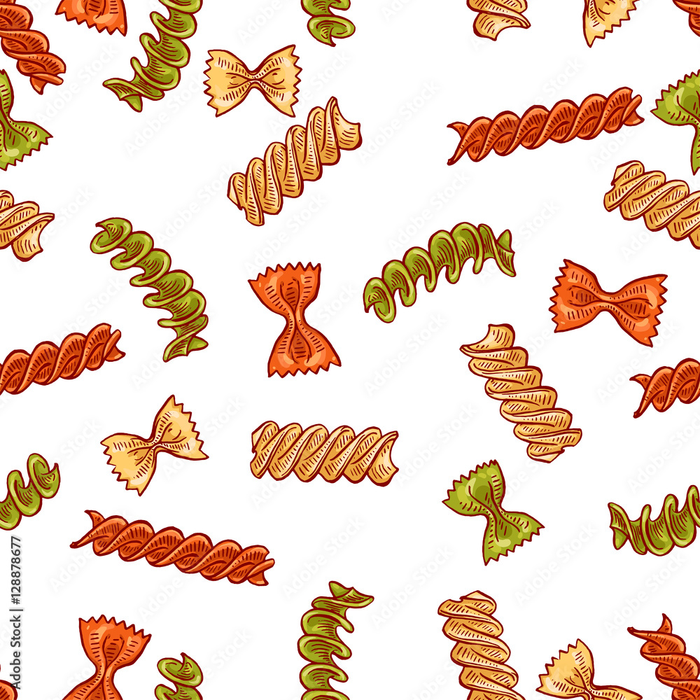 Cute seamless pattern made of hand drawn pasta types. Cute seamless pattern made of hand drawn pasta types.