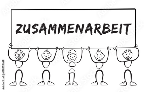 Strichmännchen halten Schild mit Aufschrift Zusammenarbeit