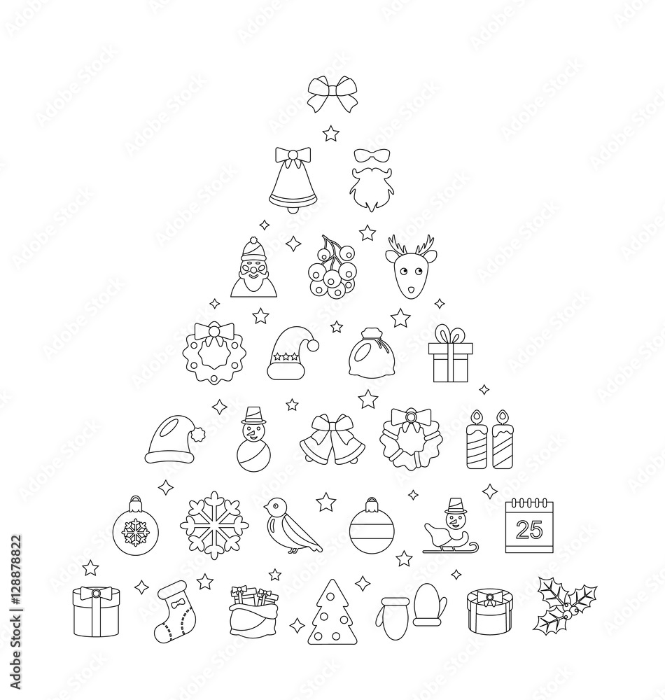 Christmas Line Traditional Symbols, Simple Outline Style