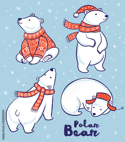 Polar Bears collection in red sweater, scarf and hat.