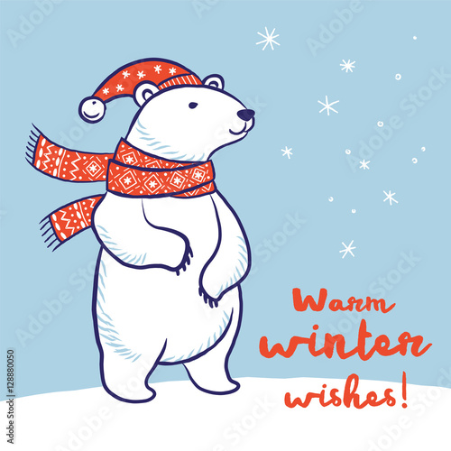 Christmas card of polar bear in red scarf and hat