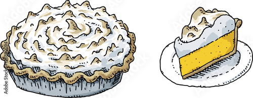 A full, delicious, cartoon Lemon Meringue Pie with a thick, rich topping and accompanied by a slice of pie on a plate.