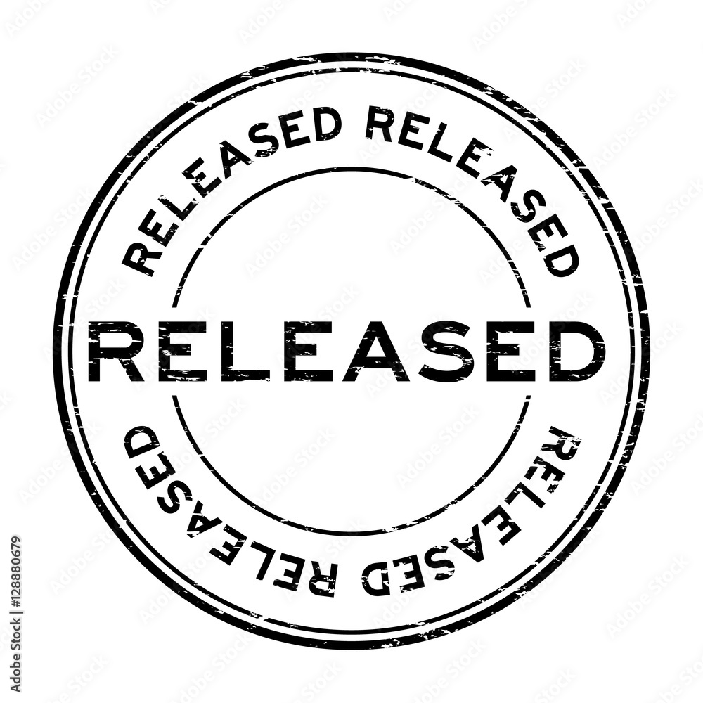 Grunge black released round rubber stamp on white background